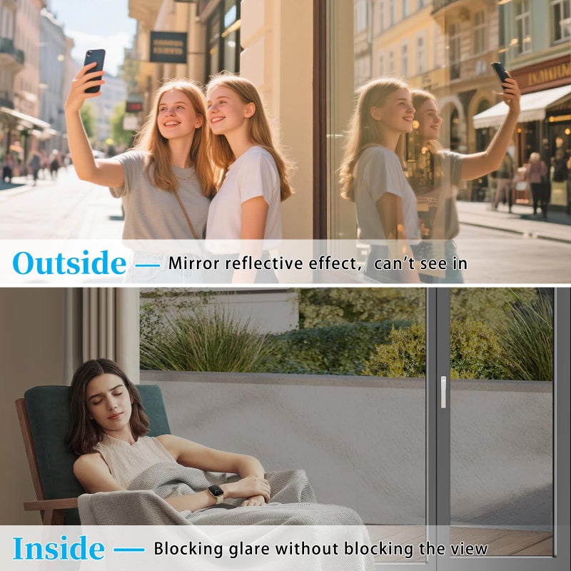 ConCus-T Thickened Window Film Privacy One Way Window Film Mirror Window Tint for Home Reflective Anti UV Static Cling Window Sticker for Skylight Office, Black Silver 23.62 Inch x 13.1 Feet - Image 4